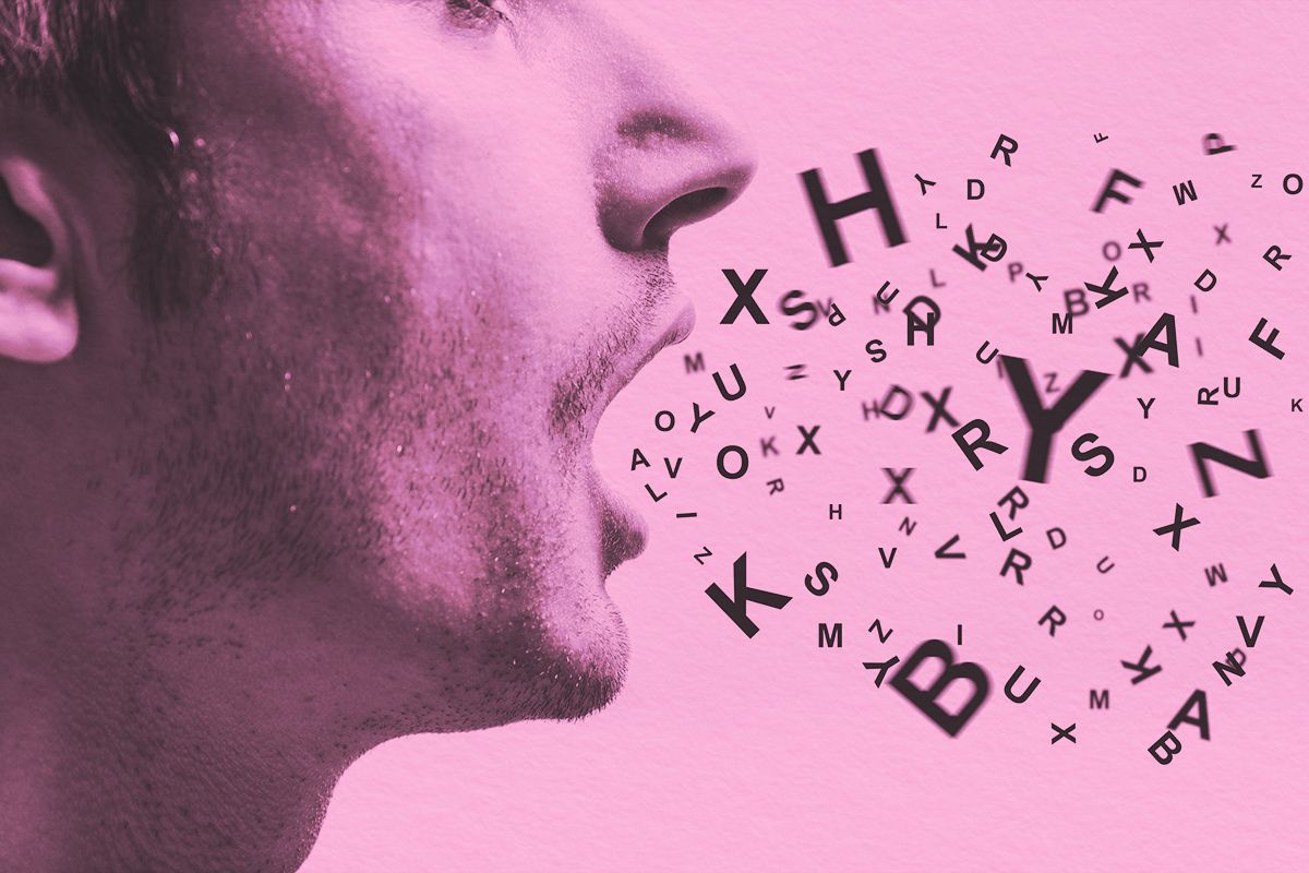 Close-upn of letters coming out of a mans mouth