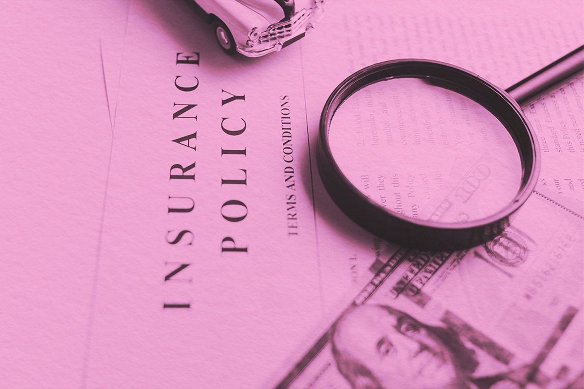 Certificate of motor insurance and policy with car and dollar bills