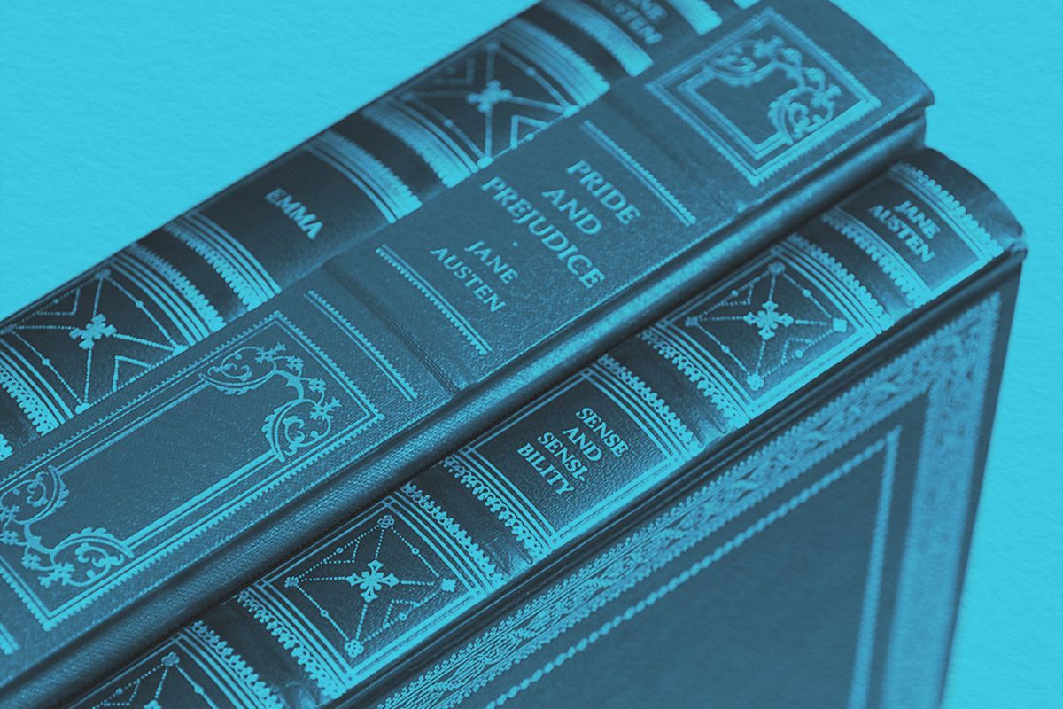 Close-up of leather bound books by Jane Austen