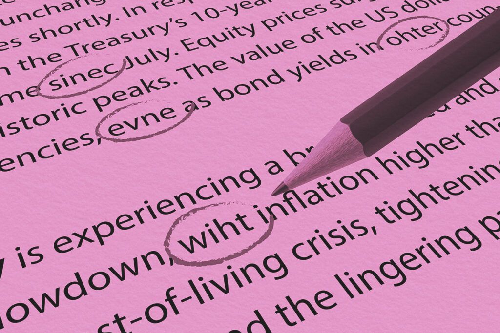 Printout full of typo mistakes circled by a pencil