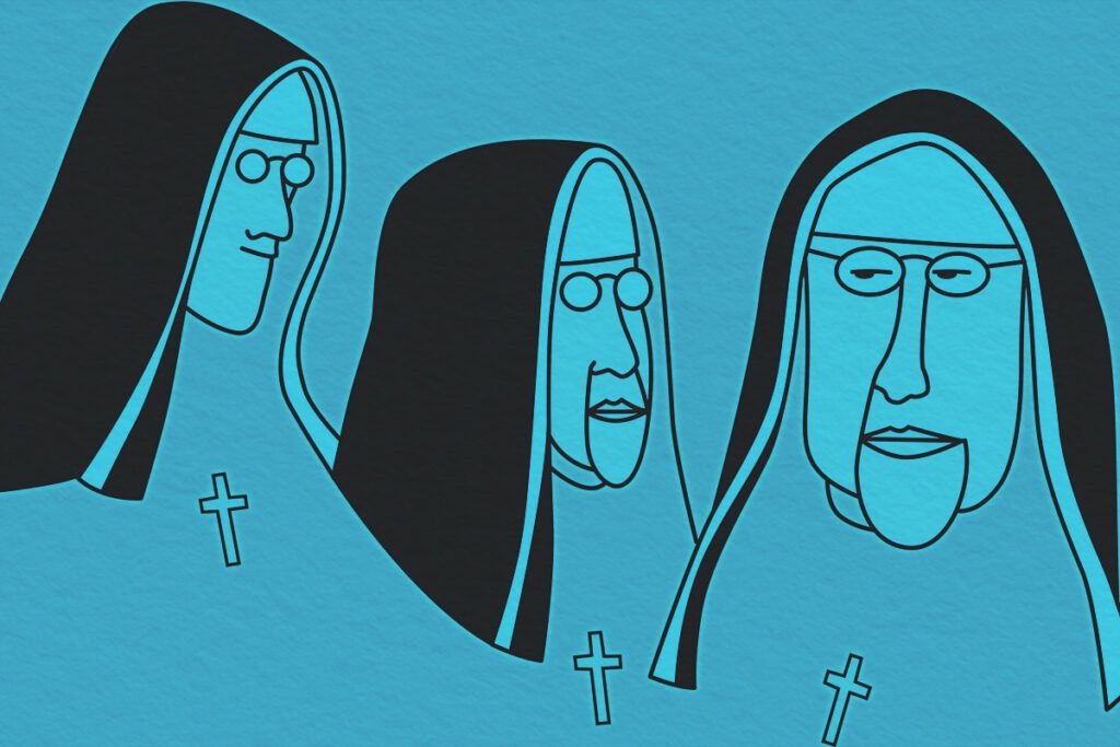 Illustration of two nuns looking at the stern Mother Superior