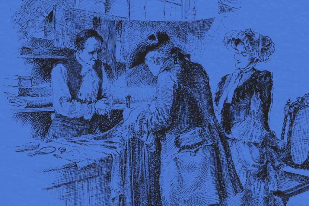 Couple shopping for cloth in a dry-goods store in colonial America